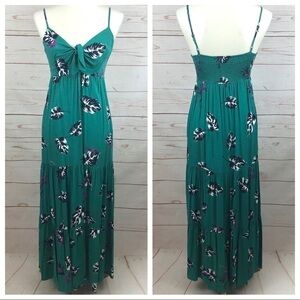 Nordstrom Soprano Teal Green Tropical Palm Monstera Leaf Tie Tiered Maxi Dress